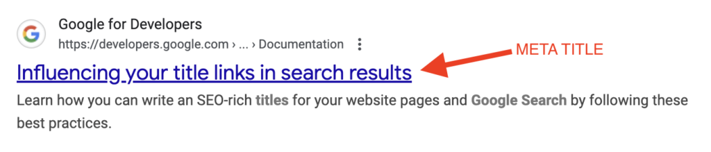 red arrow pointing to a seo meta title screenshot example. 