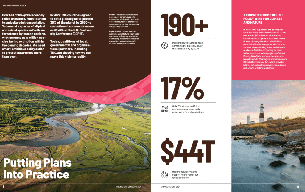 The Nature Conservancy 2024 annual report spread pages 8 and 9